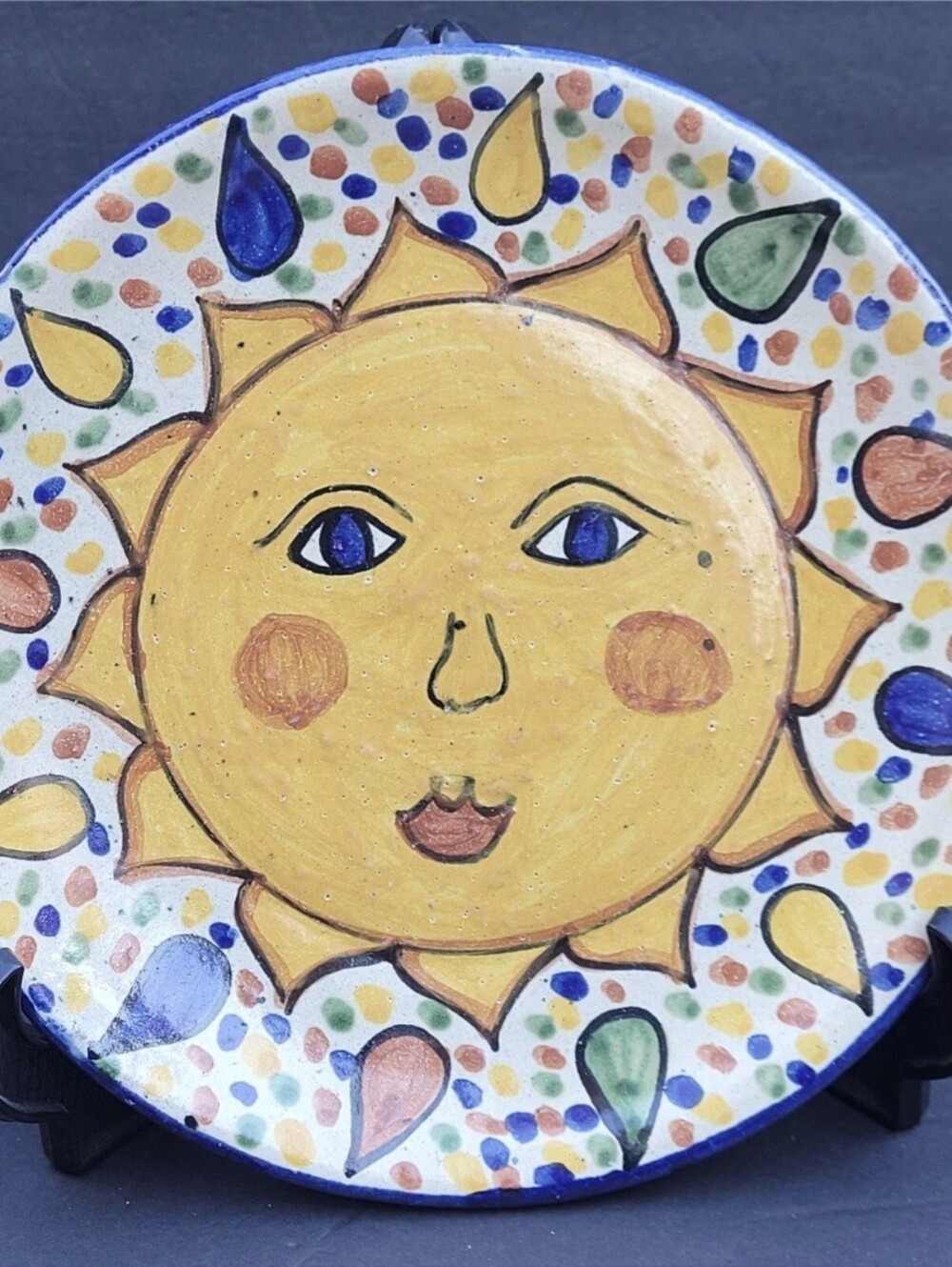 Hand-Painted Mexican Folk Art Blue Eyes Sun Rays Pottery Wall Plate #2